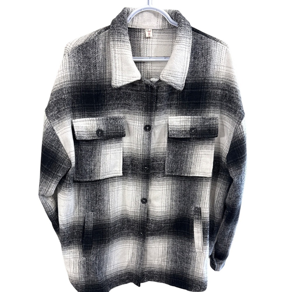 Beaully Womens XL Black White Plaid Heavyweight Shacket Oversized Button Down